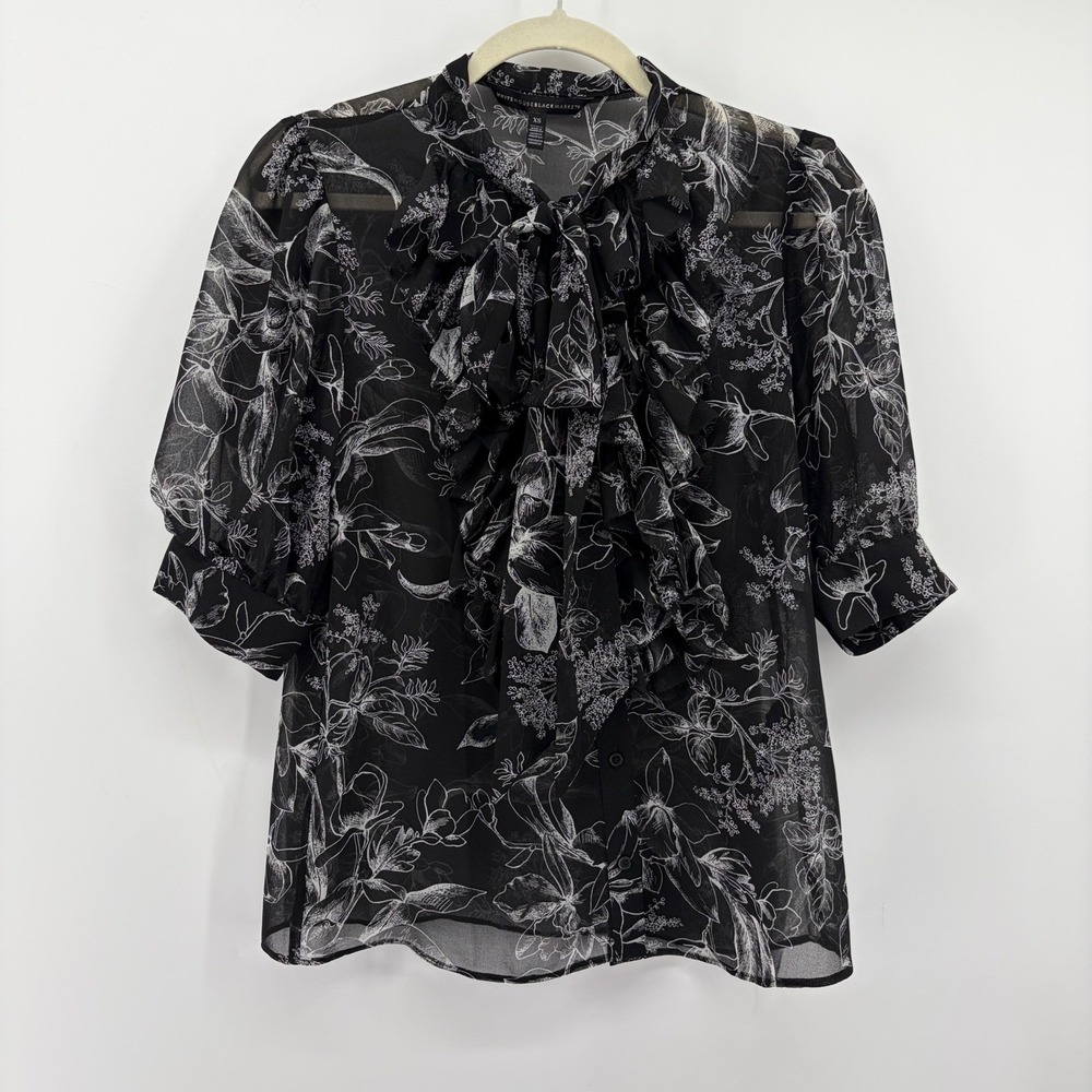 White House Black Market Womens XS Black Floral Blouse Ruffle Tie Neck Sheer Top